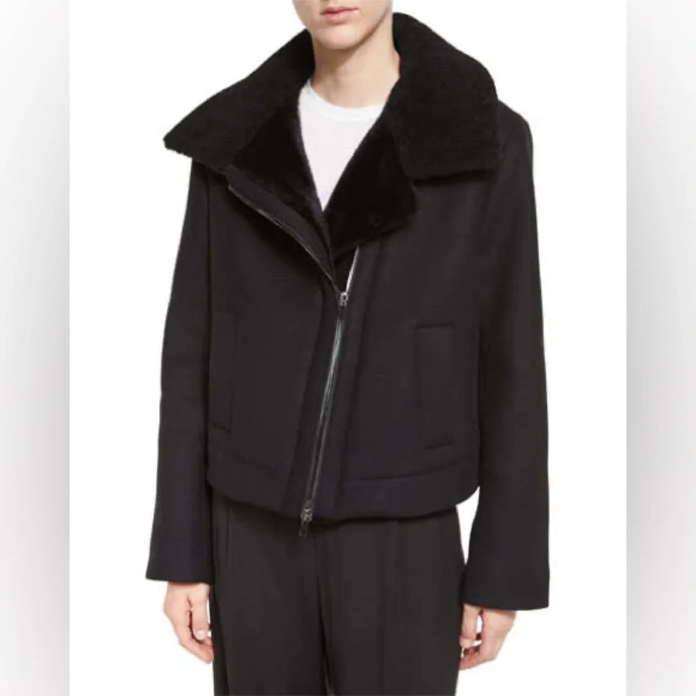NWT $750 Vince Shearling Trimmed Fur Lined Wool Blend Moto Jacket in Black